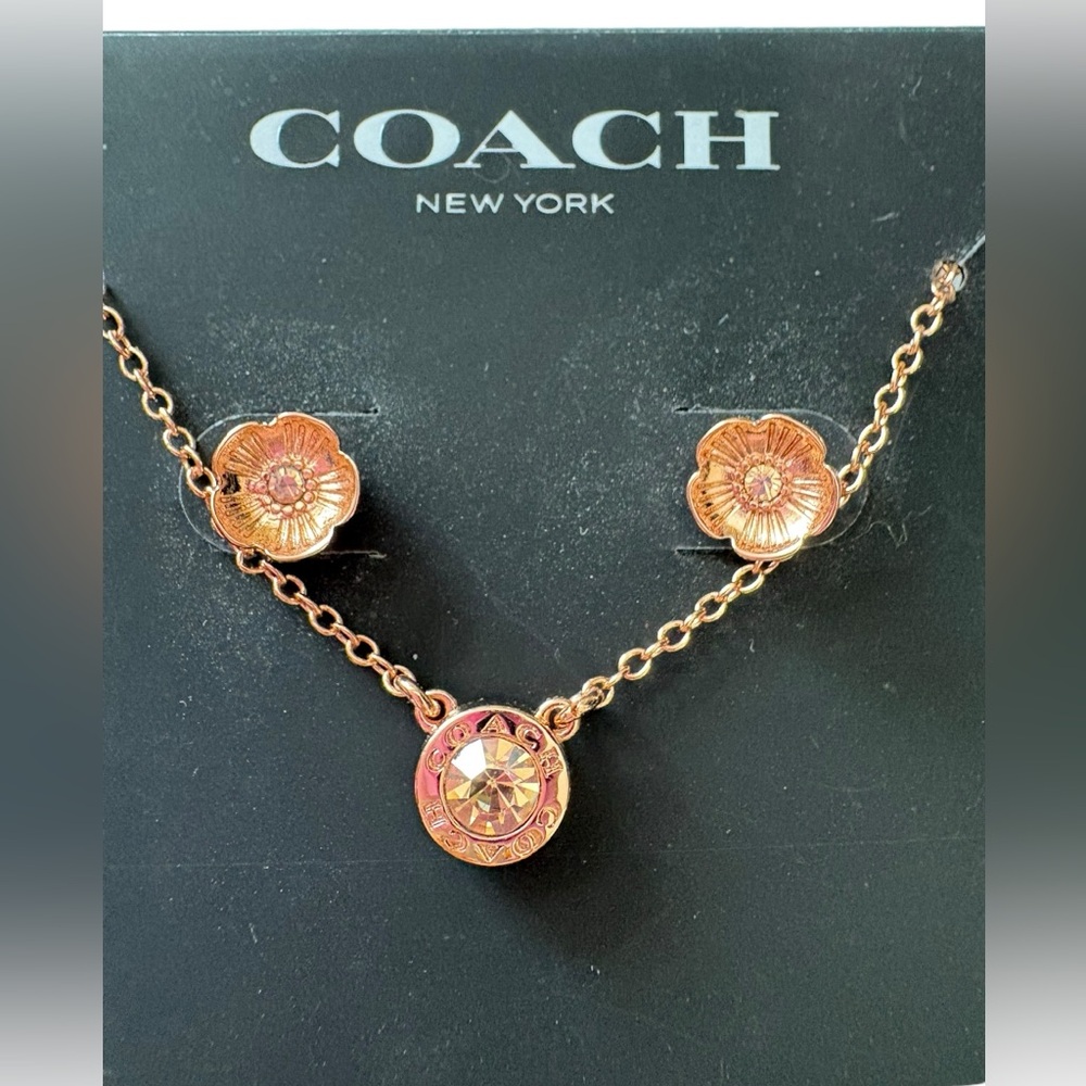 Coach Floral Crystal Pendant Necklace Rose Gold Tone Tea Rose Style